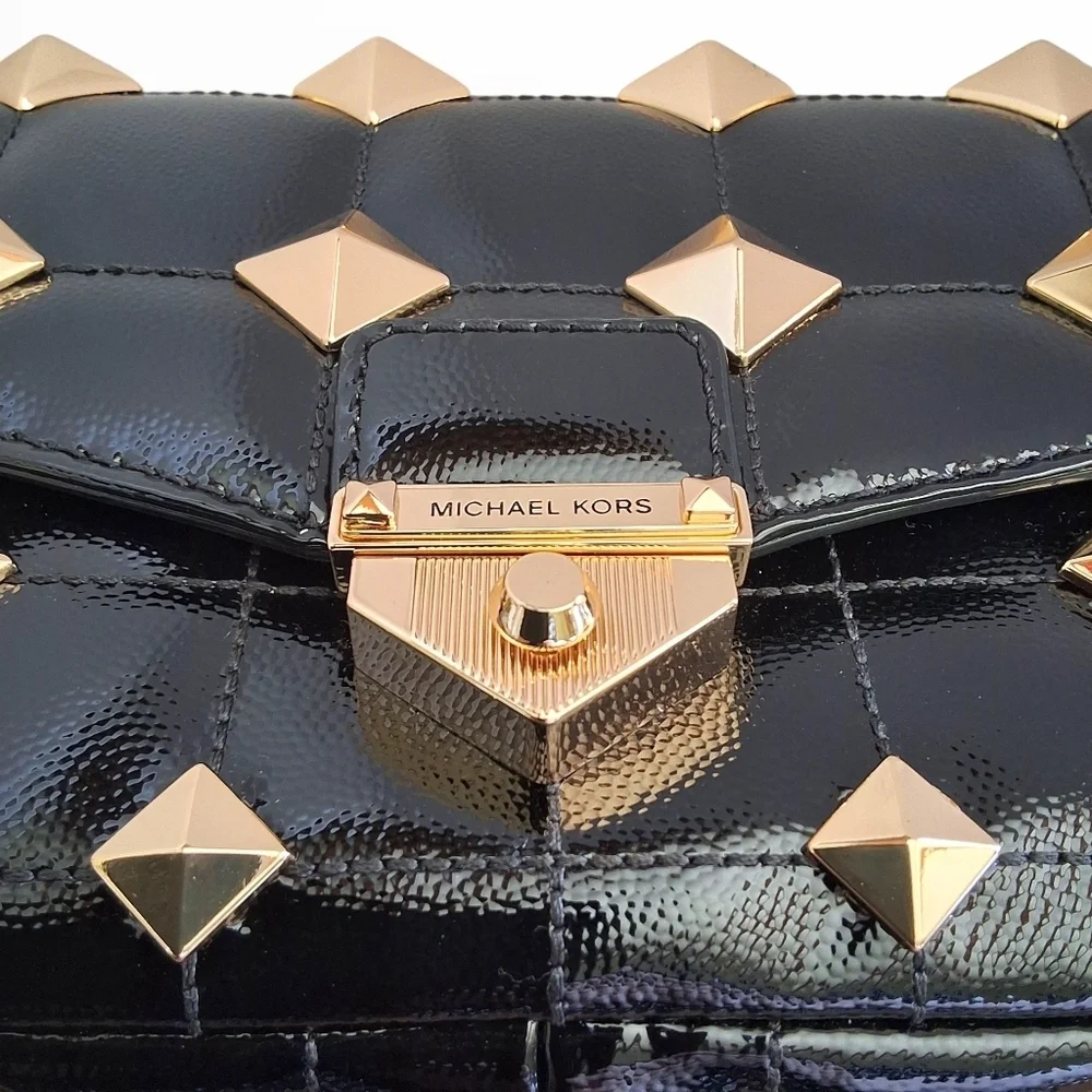 Michael Kors Whitney Studded Patent Leather Shoulder Bag Black Gold